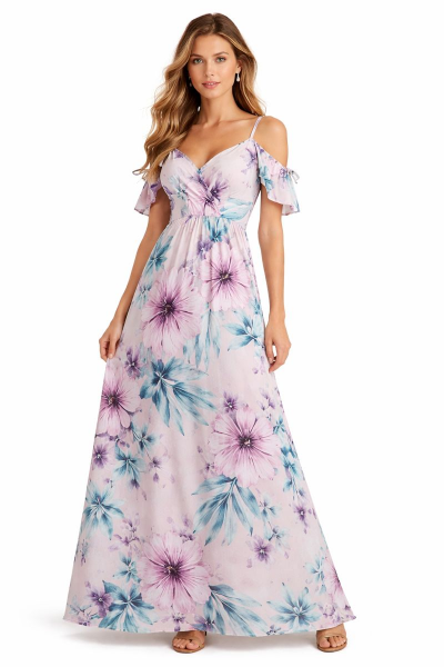 صورة فستان  زهري فاتح بزهور تركواز (Guess)