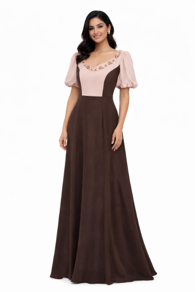 صورة فستان مارسينو فستان طويل بيج وبني أنيق بسلسلة