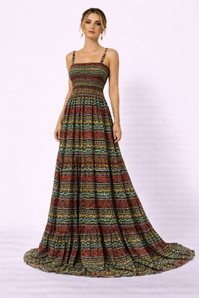 صورة فستان طويل بنقشات بوهيمية وسلاسل (Guess)