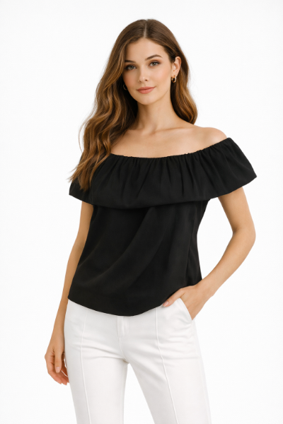 صورة بلوزة سوداء "أوف شولدر" بكشكشة عريضة( hanita)
