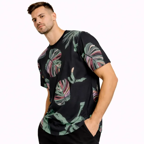 صورة تيشيرت أسود بنقشة أوراق استوائية (IN SIDE)