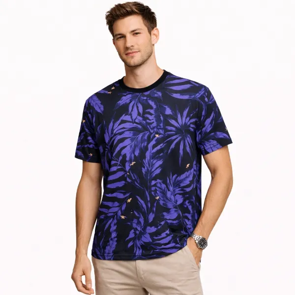 صورة تيشيرت أسود بنقشة أوراق استوائية (IN SIDE)