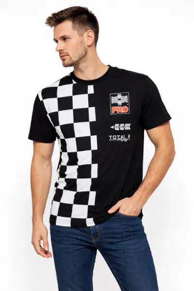 صورة تيشيرت رجالي أسود بنقشة مربعات وطبعة سبورت (INSIDE)