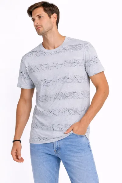 صورة تيشيرت رجالي رمادي بطباعة خطوط تجريدية (INSIDE)