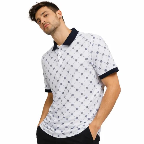صورة تيشرت بولو أبيض بنقشات هندسية (IN SIDE)