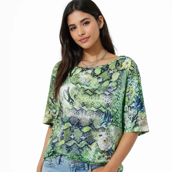 صورة تيشيرت حريمي بنقشة الثعبان والزهور الخضراء (IN SIDE)