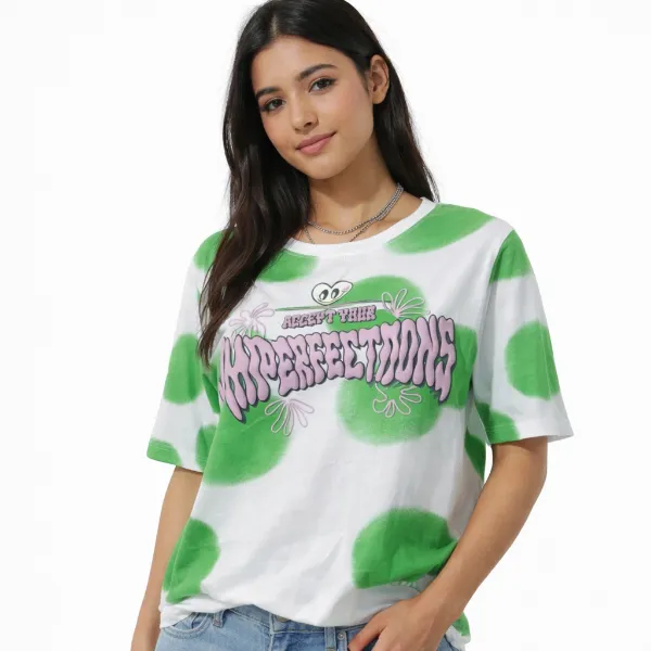 صورة تيشيرت أبيض بنقاط خضراء جرافيك (IN SIDE)