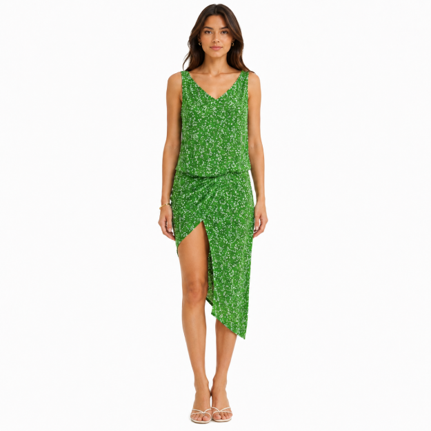 Picture of Green Floral Wrap-Style Asymmetrical Dress(INSIDE)