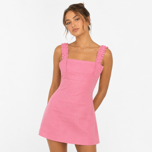 Picture of Pink Linen Square-Neck Mini Dress with Ruffled Straps (hanita)