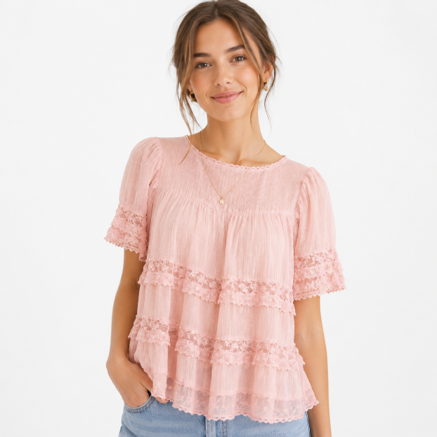 Picture of Soft Pink Tiered Chiffon Blouse with Lace Trims(GUESS)