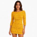 Picture of Mustard Yellow Crochet Knit Mini Dress with Boat Neck(GUESS)