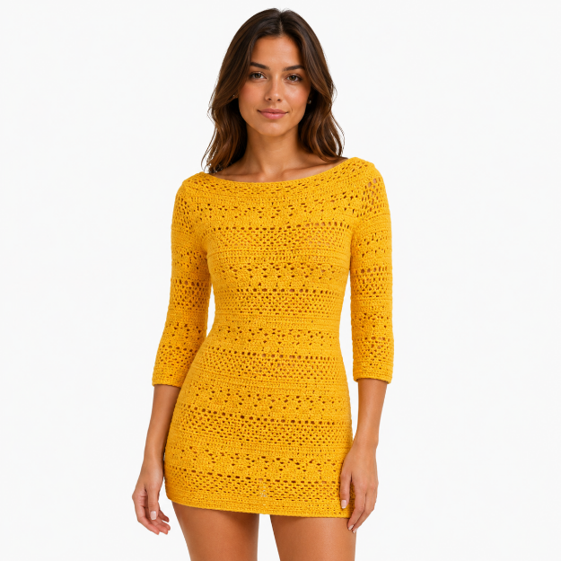 Picture of Mustard Yellow Crochet Knit Mini Dress with Boat Neck(GUESS)