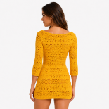Picture of Mustard Yellow Crochet Knit Mini Dress with Boat Neck(GUESS)