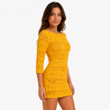 Picture of Mustard Yellow Crochet Knit Mini Dress with Boat Neck(GUESS)