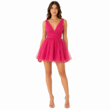 Picture of Fuchsia Tulle Flared V-Neck Mini Dress (HANITA)